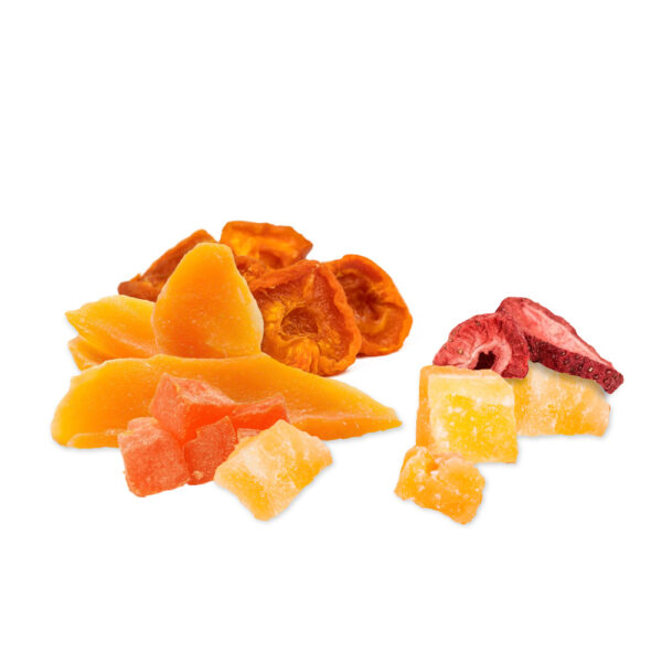 Eva's CBD Dried Fruit. Dried mango, dried papaya, dried strawberry, dried pineapple, dried apricot.